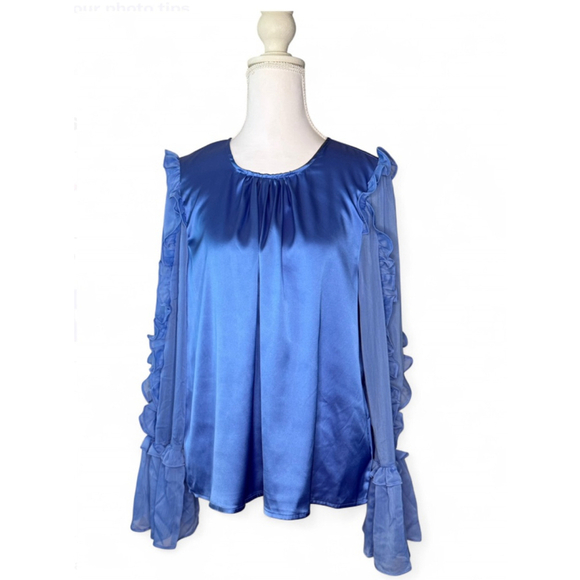FRENCH CONNECTION Tops - 💙 French Connection Blue Satin Ruffle Sleeve Blouse – Size M – NWOT💙